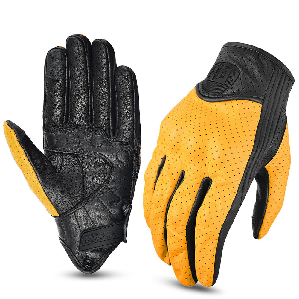 Yellow Black Vintage Leather Mesh Climbing Hiking Off-Road Motorcycle Riding Breathable Gloves Comfortable Wear-Resistant Motocross Glove with Full