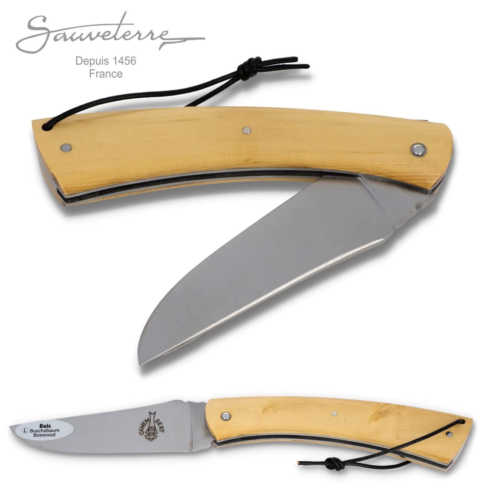Sauveterre Le Camembert Taschenmesser - 11 cm Griff Buchsbaum Plein Manche - verzierte Platine - Klinge matt - Messer Frankreich