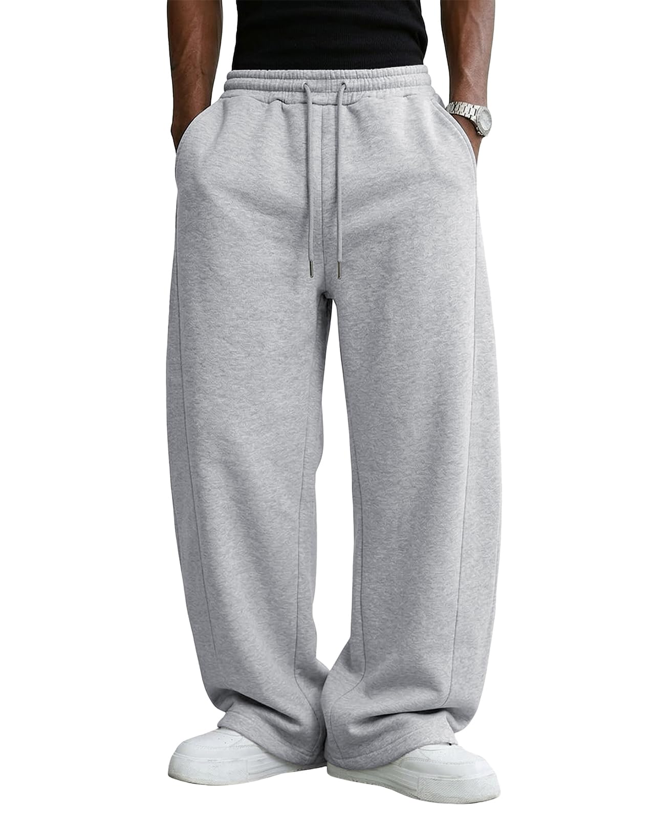 Mens Baggy Sweatpants Cotton Fleece Wide Leg Lounge Sweat Pants Drawstring Waist Jogging Pants with Pockets