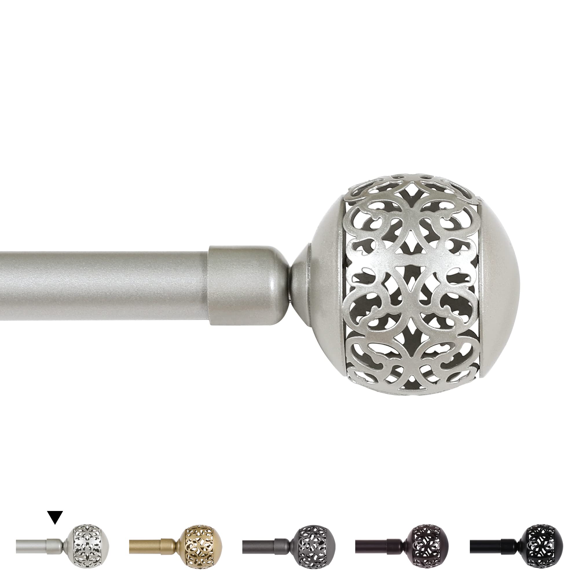 H.VERSAILTEX Window Treatment Single Curtain Rod Set Telescoping Curtain Rod with Carved Hollow Ball Finials, Adjustable Length from 66 to 120-Inch, 3/4 Inch Diameter, Nickel