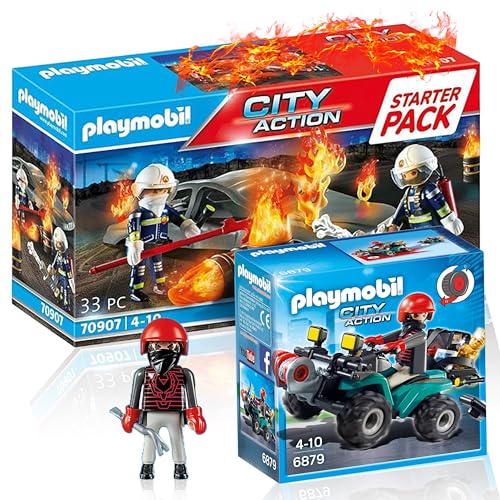 PLAYMOBIL 6879 Ganoven Quad con cabrestante 70907 Starter Pack de entrenamiento de bomberos – Juegos aventureros para una diversión ilimitada