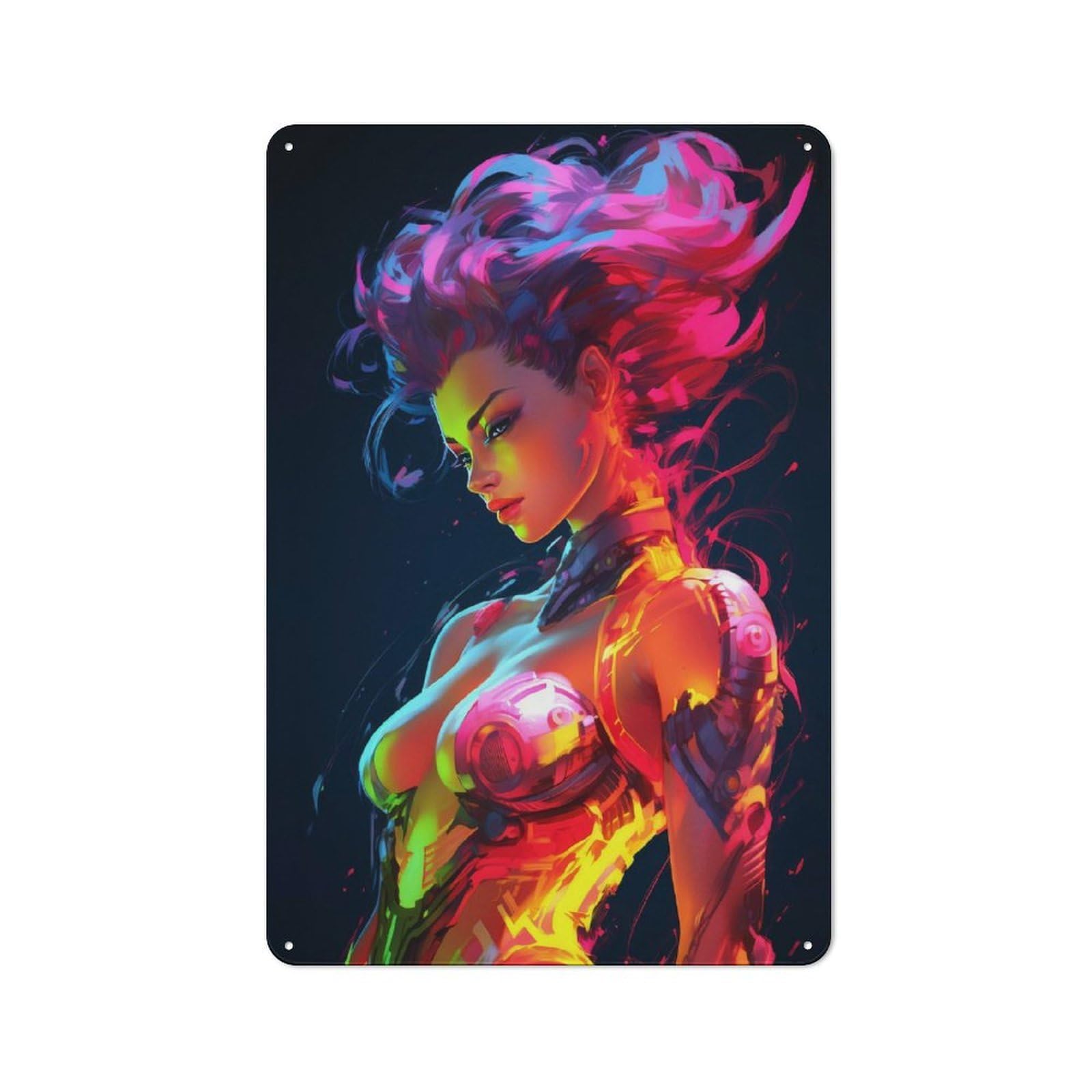 Woman in Neon Lights Tin Wall Sign, Bright Printed Design, for Dining Room, Entrance, Cafe Or Christmas Corner, 30x20cm