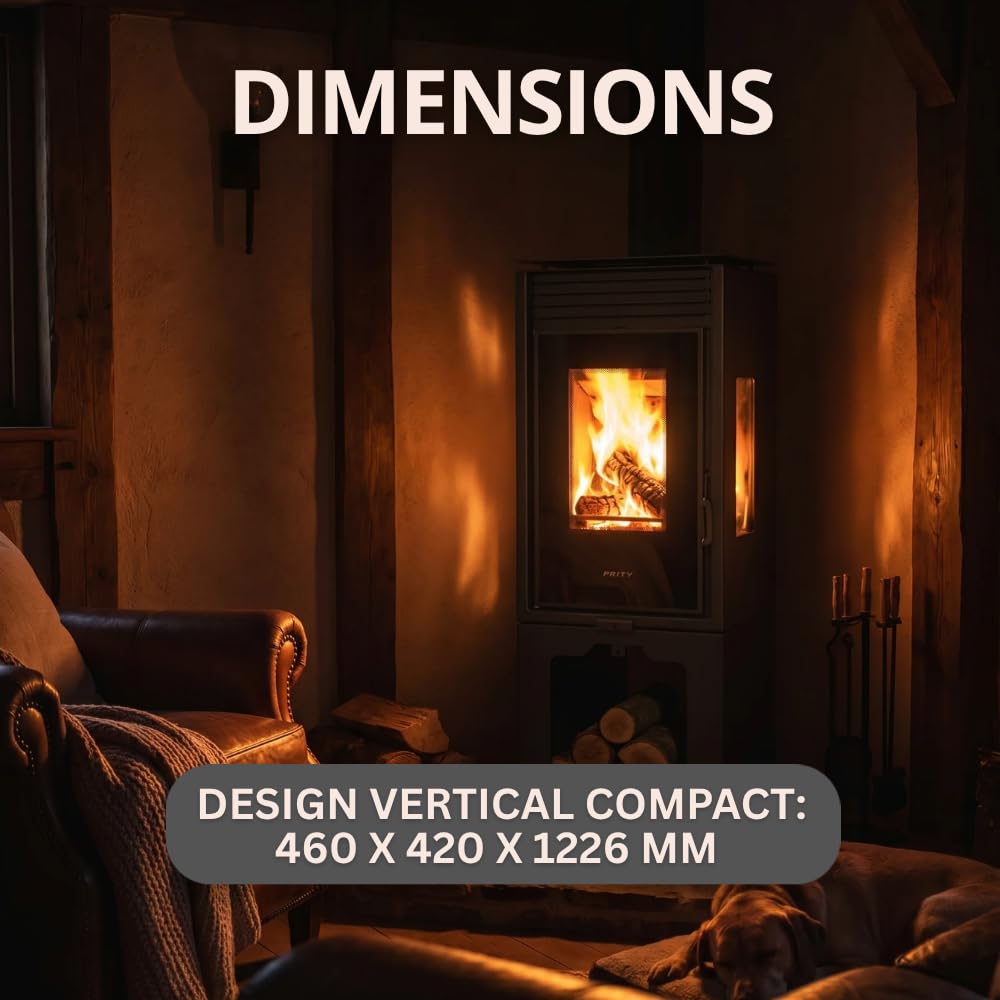 Prity PMV3 E Poêle à bois panoramique | Verre vertical à trois côtés | Design moderne | Certifié CE | Brûleur bloc