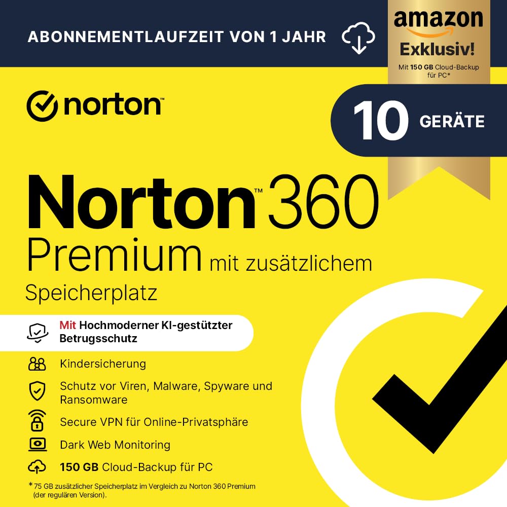 Norton 360 Premium mit extragroßer Backup-Kapazität – Amazon Exklusiv* 75GB zusätzlicher Cloud-Backup Speicher. Antivirus Software für 10 Geräte und einem Jahr Laufzeit