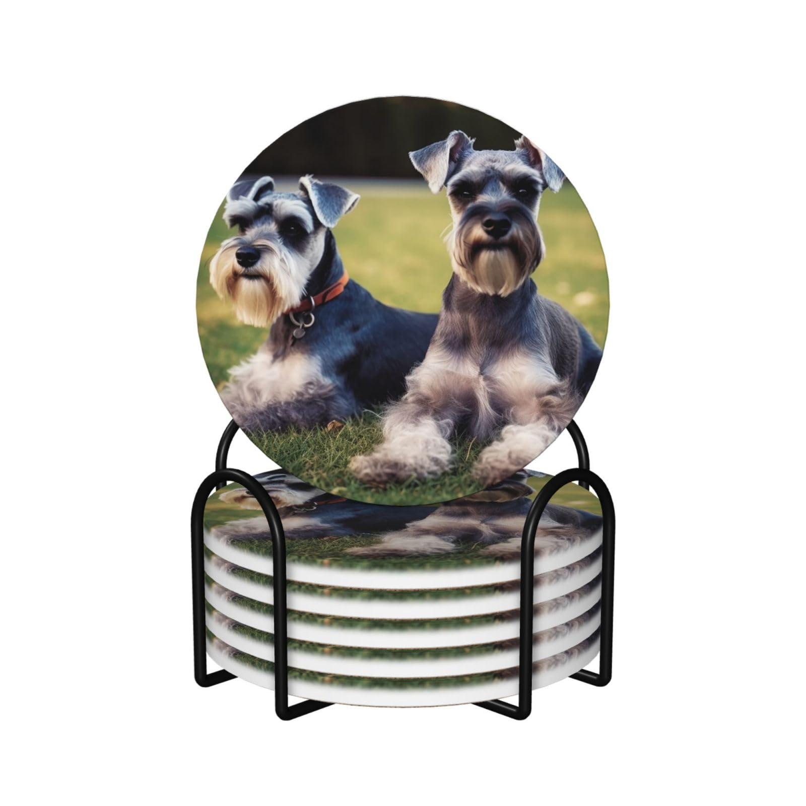 6Pcs Ceramics Coaster for Drinks, Adult Schnauzer Dogs Cup Coasters with Holder, Aesthetic Drink Coasters for Coffee Table, Absorbent Round Coaster for Tabletop Protection 4" Cup Mat Pad