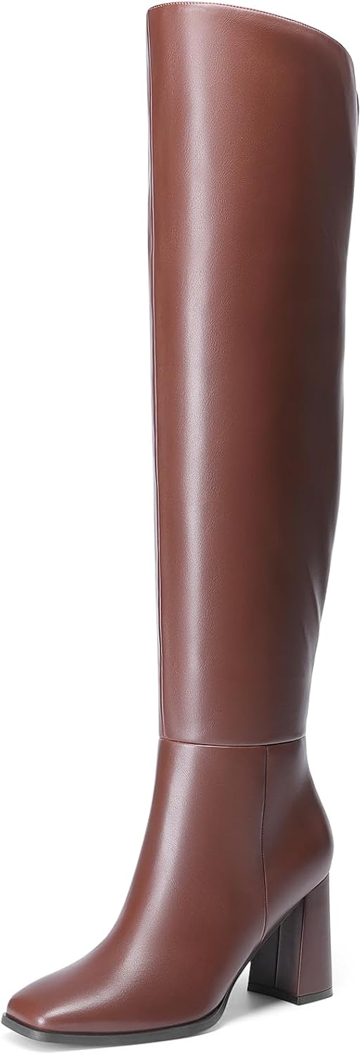 DREAM PAIRS Women's Tall Over the Knee Boots Thigh High Fall Block Chunky Heeled Knee High Long Boots with Fashion Square Toe and Side Zipper