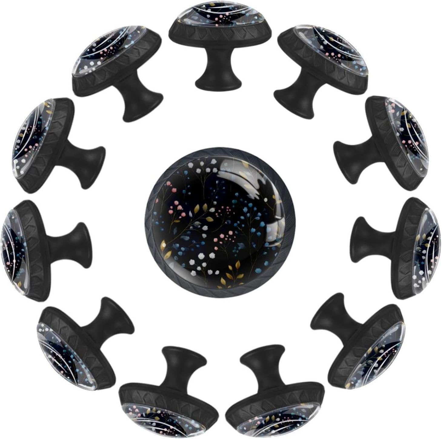 Black Little Flowers (1) Household Cabinet Knobs, Glass Drawer Pulls for Kitchen Cupboard Dresser Closet