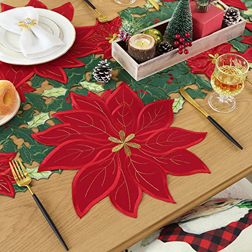 Feuille Red Christmas Placemats Set Of 4 Poinsettia Placemats Polyester Winter Placemats Round Xmas Placemats Perfect For Christmas Decorations Indoor (14 Inch) #TOP3