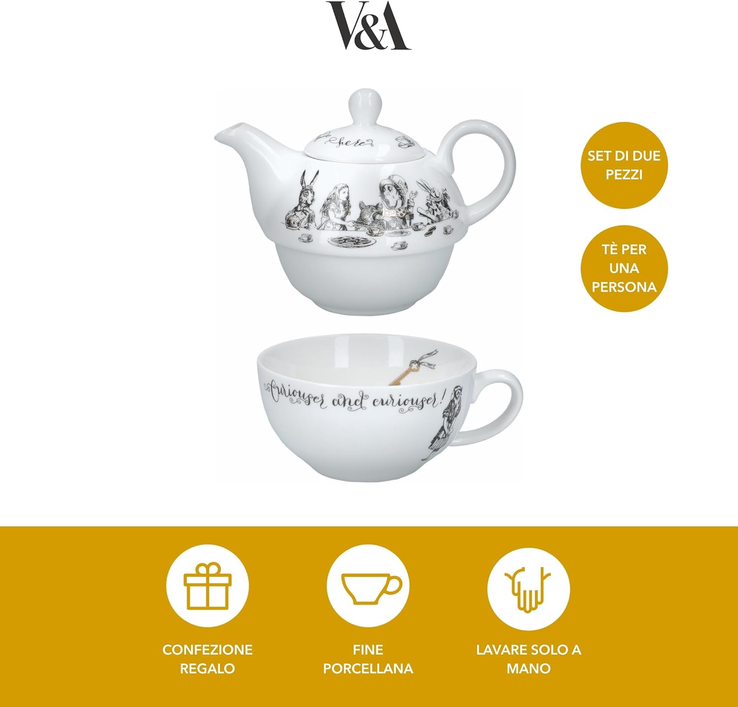 V&A Alice in Wonderland Teapot and Cup Set For 1 in Gift Box, Fine China Tea Set, White, 250 ml