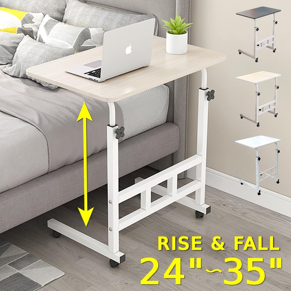 Japard Small Desk on Wheels, Mobile TV Tray Table Rolling Desk for Bed Sofa, Adjustable Height 23.6" Wide C-Shape Loadable 66lbs (Natural, 66 lbs Loadable)