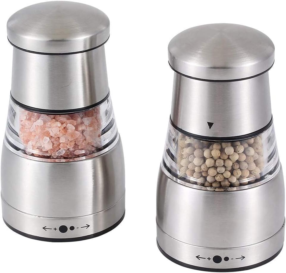 2 Pcs Set Pepper and Salt Grinder, Ceramic Core Milling and Stainless Steel Housing, Adjustable Fineness Setting and Acrylic Visual Window.