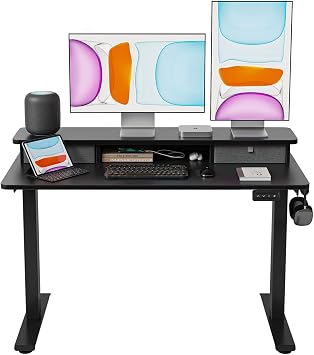 FEZIBO Electric Height Adjustable Standing Desk, 120x60cm, with Double Drawers and Storage Shelf, Black