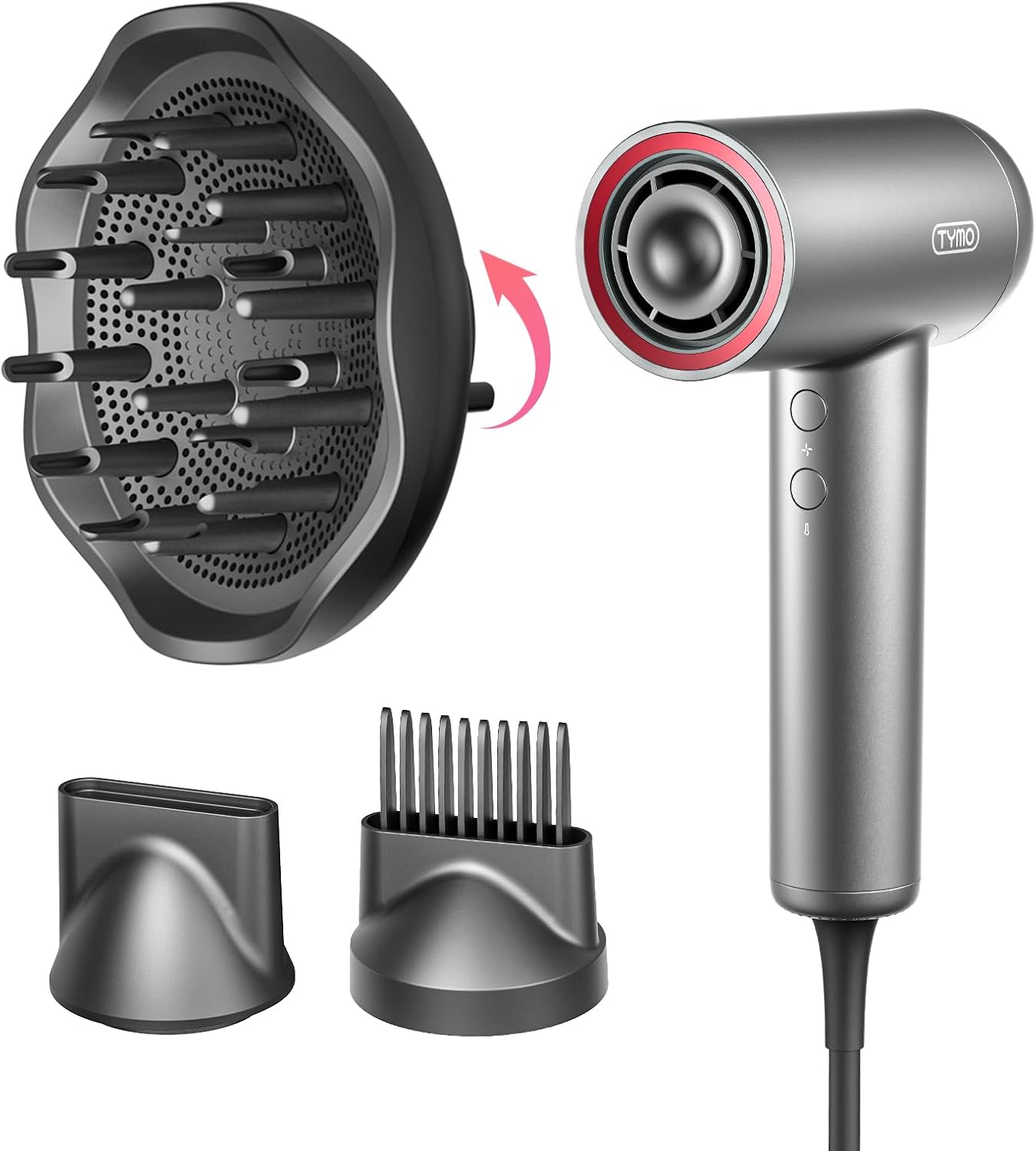 TYMO Hair Dryer with Diffuser, High-Speed Ionic Blow Dryer with Comb for Women, Fast Drying & Zero Damage, Low-Noise Hairdryer, 3 Speeds & 4 Temps for Professional Styling at Home Salon, 8 Ft Cord