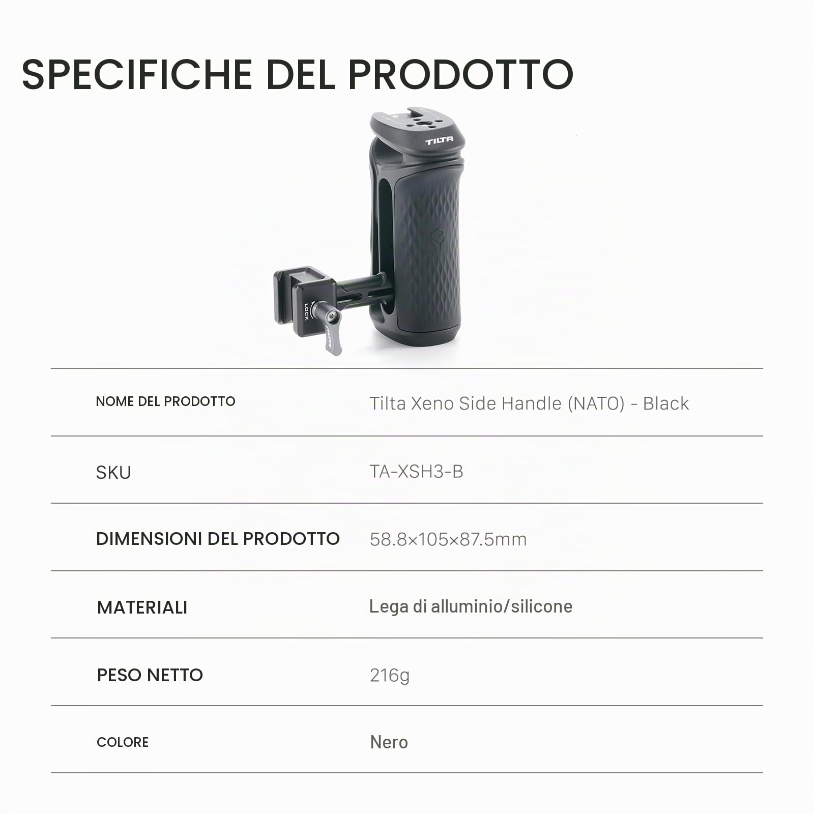Tilta Xeno TA-XSH3-B - Maniglia laterale ergonomica con supporto NATO, per fotocamere DSLR/Mirorrless e monitor Rigs - Nero