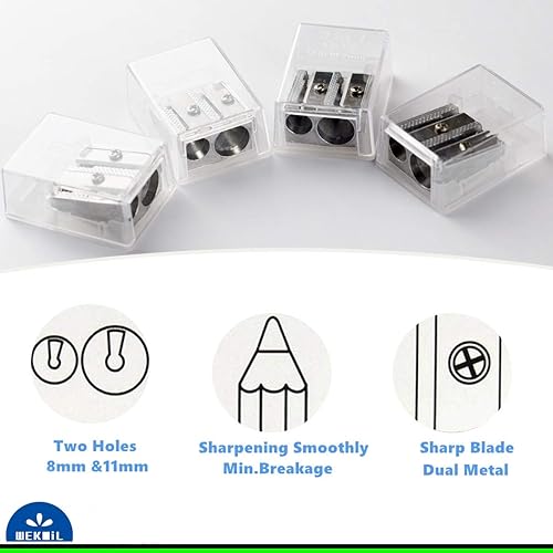 Miniatura 5 de Sacapuntas de metal de doble agujero de doble agujero, sacapuntas de mano con estuche de captura de virutas, sacapuntas manuales, paquete a granel,