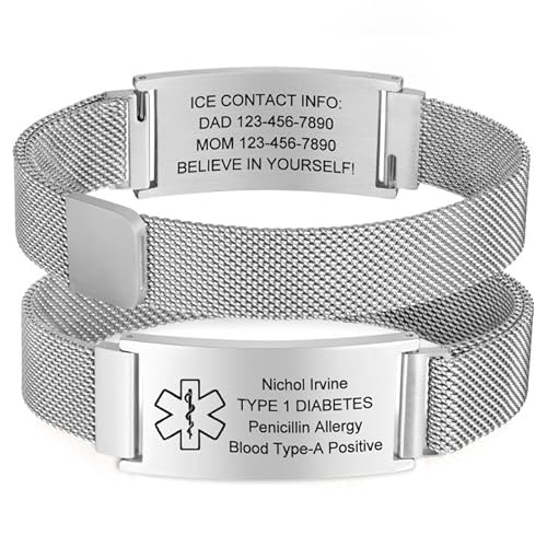 VNOX Pulseras Hombres Personalizable Médica: Pulsera Mujeres y Niños, Ajustable, Acero Inoxidable, Pulsera de Identificación Médica de Emergencia, Grabado Pulseras, Plata