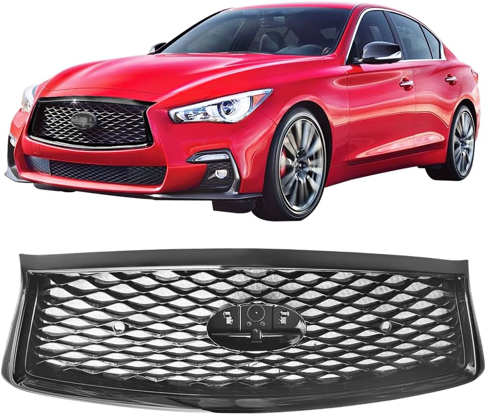 IKON MOTORSPORTS, Front Grille Compatible With 2018-2024 Infiniti Q50, ER Style Gloss Black ABS Front Bumper Mesh Hood Upper Grill