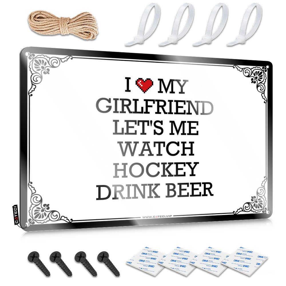 Plaques Old Rv Bathroom Accessories Home Decor - I Love My Girlfriend Let's Me Watch Hockey Drink Beer Sweet Rustic Style Artwork For Hallway(20X30CM)