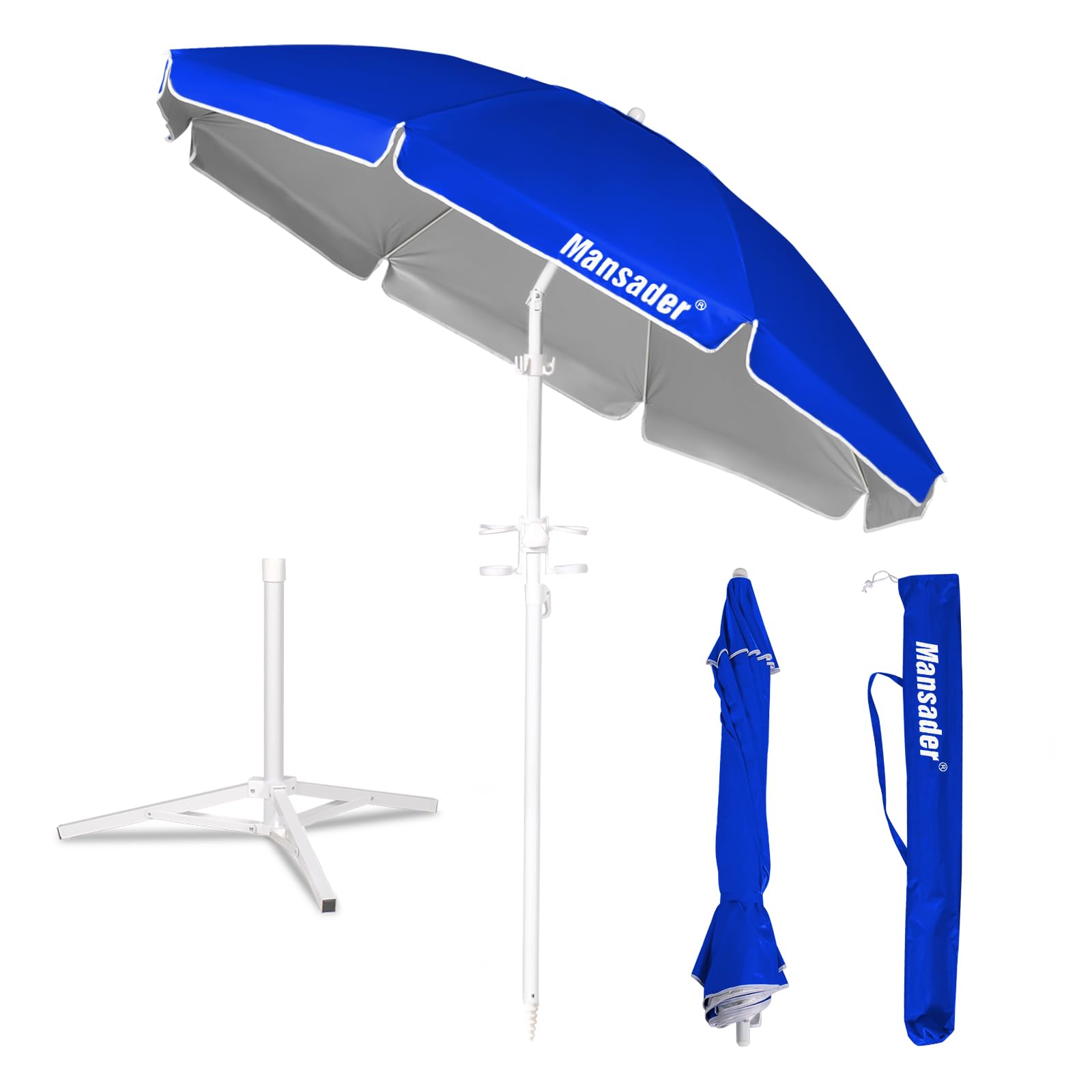 Mansader 2M Beach Garden Parasol Portable with Base, Hook & Cup Holder, UPF 50+ Tilting Beach Umbrella Adjustable Height for Outdoor Patio Pool Yard, Blue