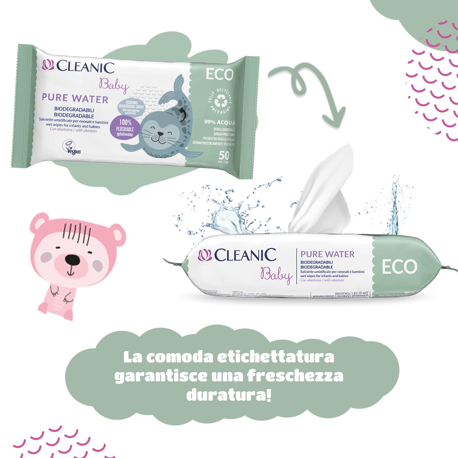 Cleanic Salviette Umidificate Baby Eco Pure Water - (50x16 Pezzi) Salviette - Composizione 99% acqua, allantoina, senza profumo, lavabili, per pelli sensibili - 800 Pezzi