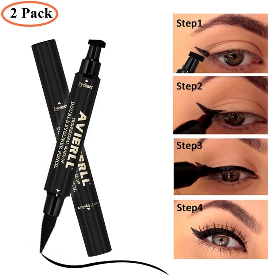 Liquid Eyeliner Stamp 2 Pack, 2 Double-sided Pens, Winged Liquid Eyeliner Stamp & Pencil, Vamp Style Wing, Smudgeproof, Waterproof, Long-lasting, No Dripping (10mm Classic Black)