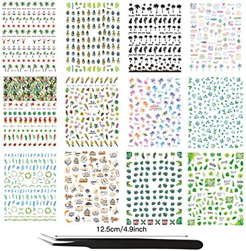 1000+ Pcs Plant Nail Art Stickers Decals 3D Summer Tree Stickers Include Plant Cactus Leaf Grass Ring Coconut Tree with Tweezer for Nail Tip DIY, 12 Sheets (Summer Plant)