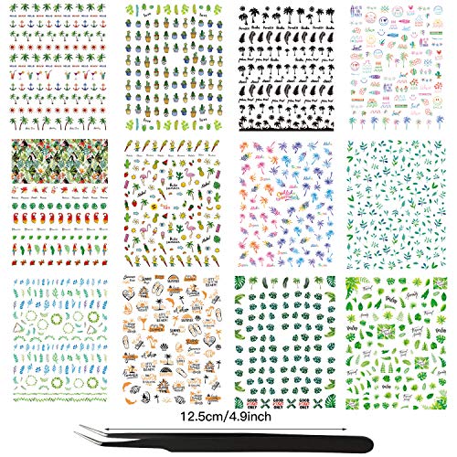 1000+ Pcs Plant Nail Art Stickers Decals 3D Summer Tree Stickers Include Plant Cactus Leaf Grass Ring Coconut Tree With Tweezer For Nail Tip Diy, 12 Sheets (Summer Plant) #TOP3