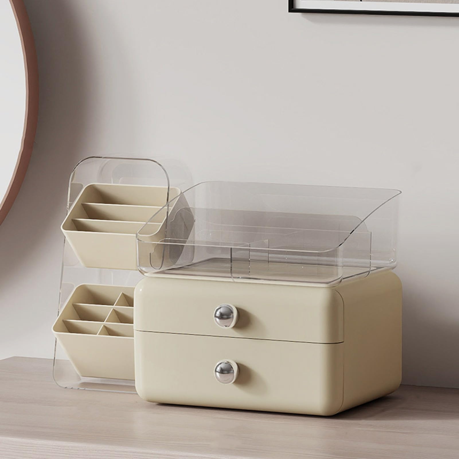 Caja de almacenamiento de cosméticos de escritorio, organizador de cosméticos de gran capacidad con 2 cajones, caja extraíble con múltiples compartimentos, organizador de maquillaje para