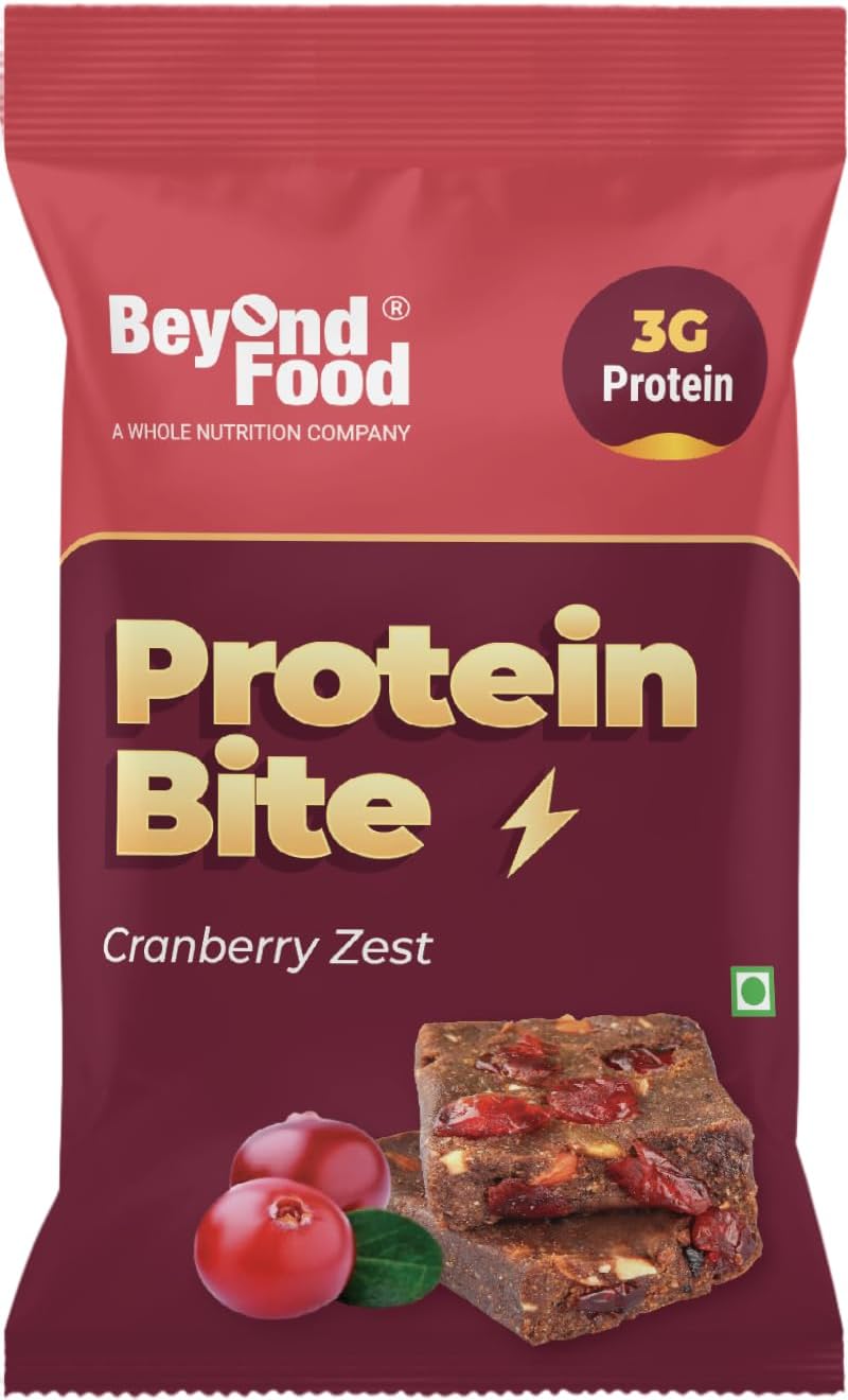 Beyond Food Protein Bite - Natural Flavors, Concentrate and Isolate Blend with Jowar, Bajra, Almonds, and Peanut - 100% Whey Protein, 3g of Protein Per Bite - Cranberry Zest - Pack of 20