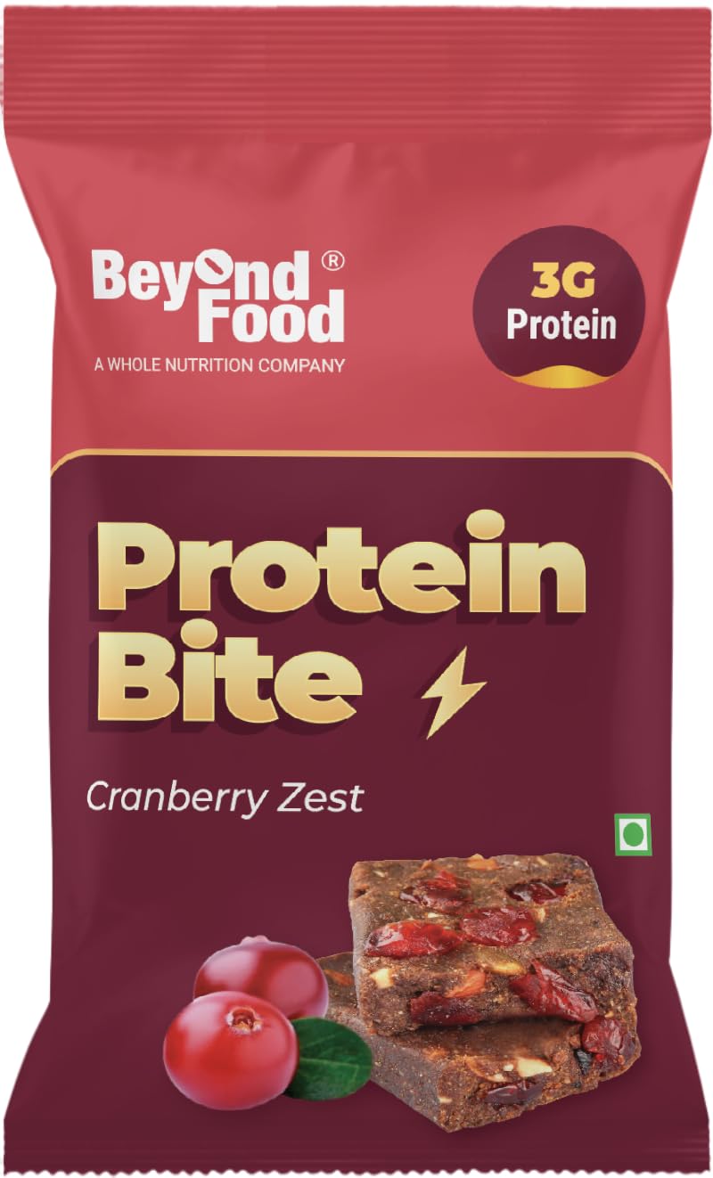 Beyond Food Protein Bite - Natural Flavors, Concentrate and Isolate Blend with Jowar, Bajra, Almonds, and Peanut - 100% Whey Protein, 3g of Protein Per Bite - Cranberry Zest - Pack of 20