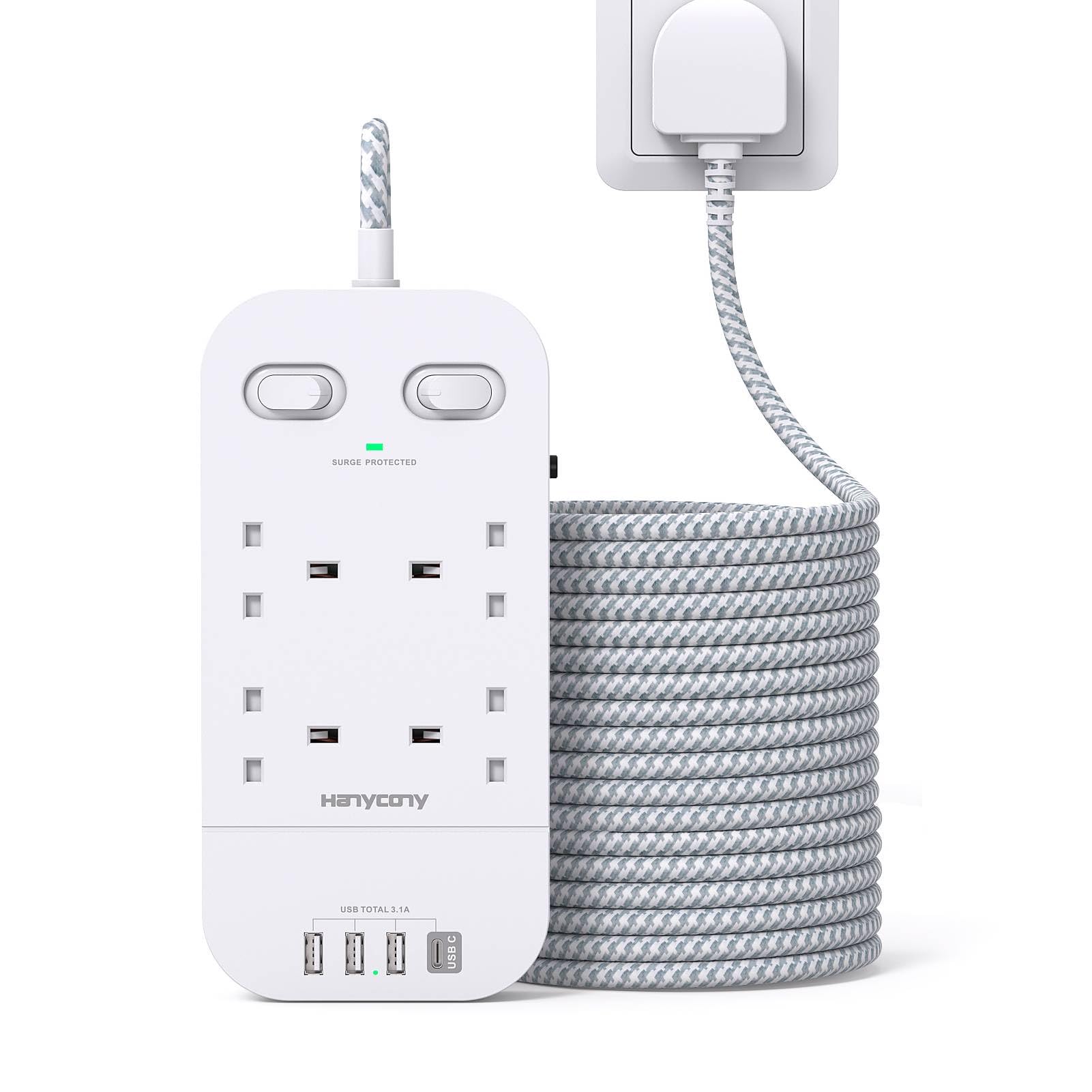 4 Way Surge Protected Extension Lead with USB Slots – Multi Plug Power Strip Extension Cable with Double Switches, Plug Extension Socket 1.8M Braided Extension Cord for Home Office Accessories — view 8