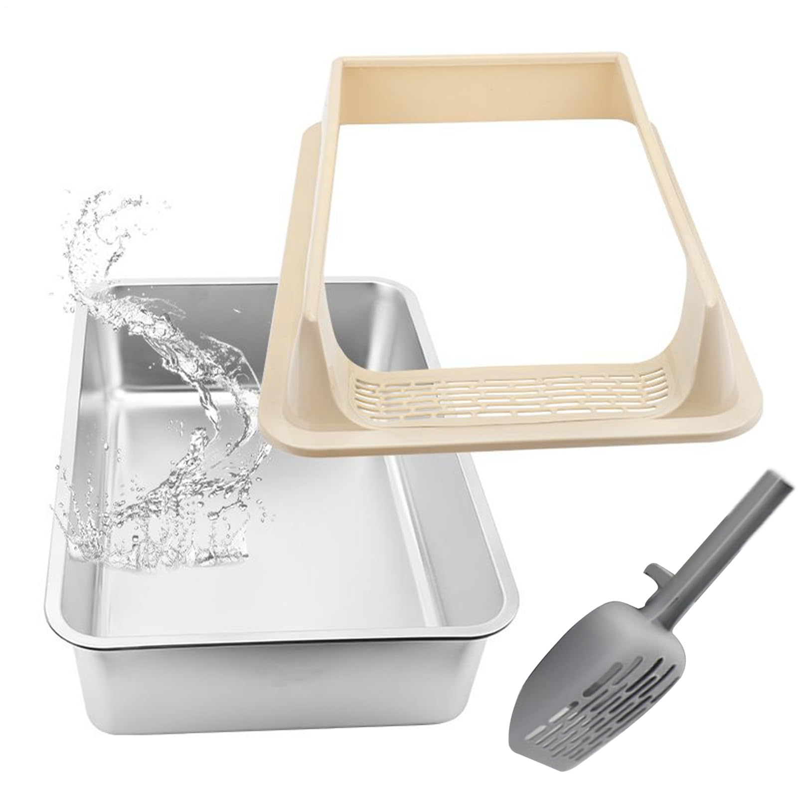 Stainless Steel Cat Litter Tray Large,40x30cm Metal Cat Litter Box with Scoop,Half-Enclosed Kitten Toilet Pan Stainless Steel Pet Supplies for Indoor Apartment Patio Living Room Farmhouse