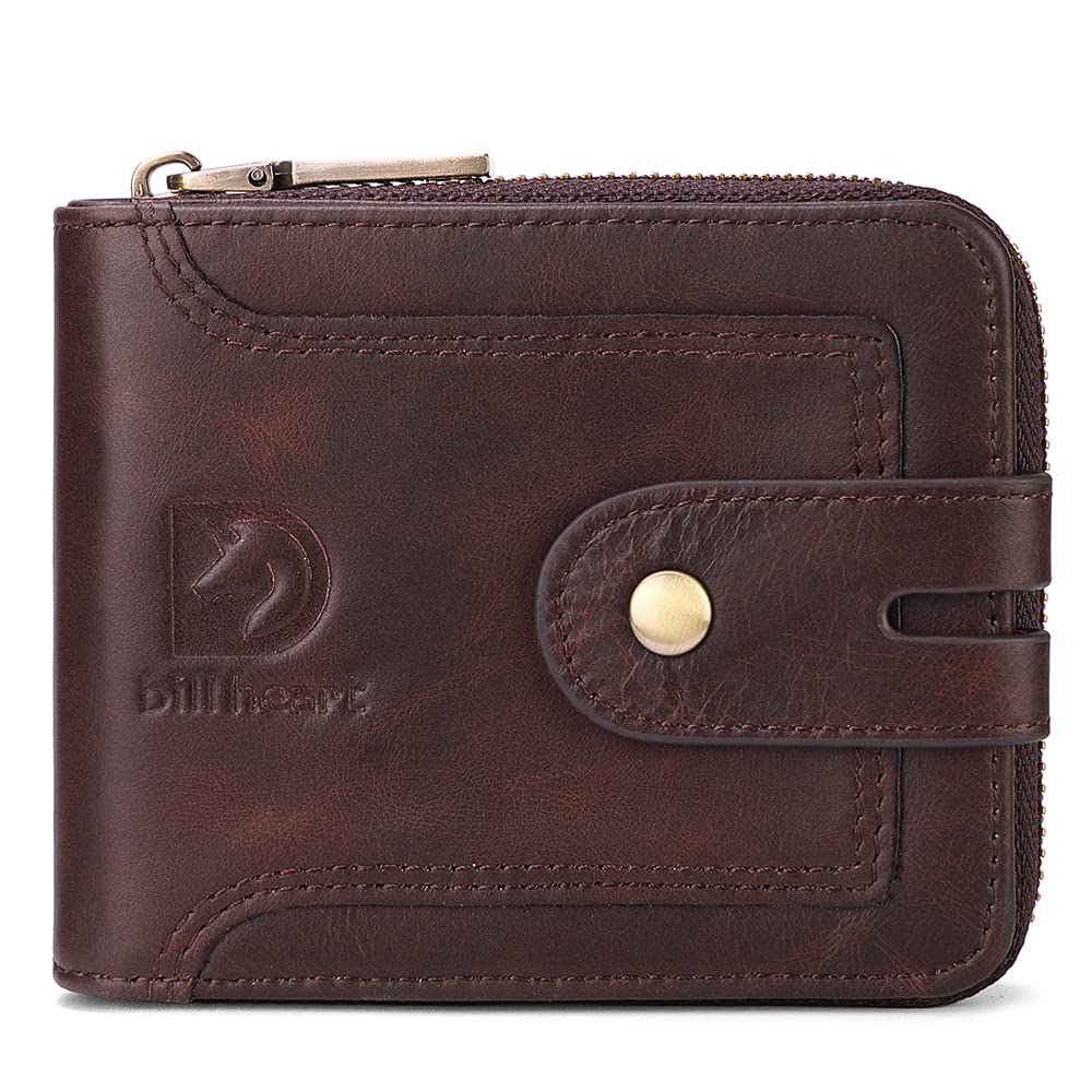 bill heart Men Wallet with Zipper Genuine leather Bifold Purse for Mens ID Window and Coin Pocket…