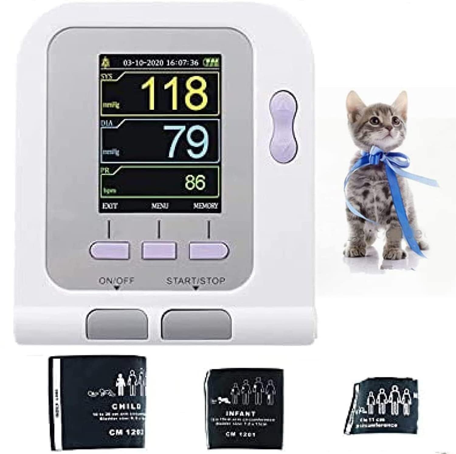 Gato/Perro/Animal/Veterinario Monitor automático de presión Arterial Sphygmo electrónico, medidor electrónico de presión Arterial en la Parte Superior del Brazo con Manguito Incorporado