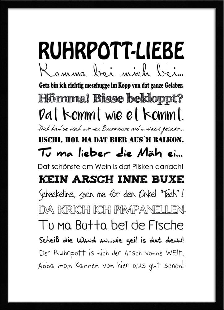 artissimo gerahmtes Poster mit Spruch 50x70 cm Ruhrpott Liebe PE6037-ER – Bild mit Rahmen, skandinavisches Sprüchebild, Typografie Wandbild, Kunstdruck Hochformat, Ruhrgebiet schwarz weiß
