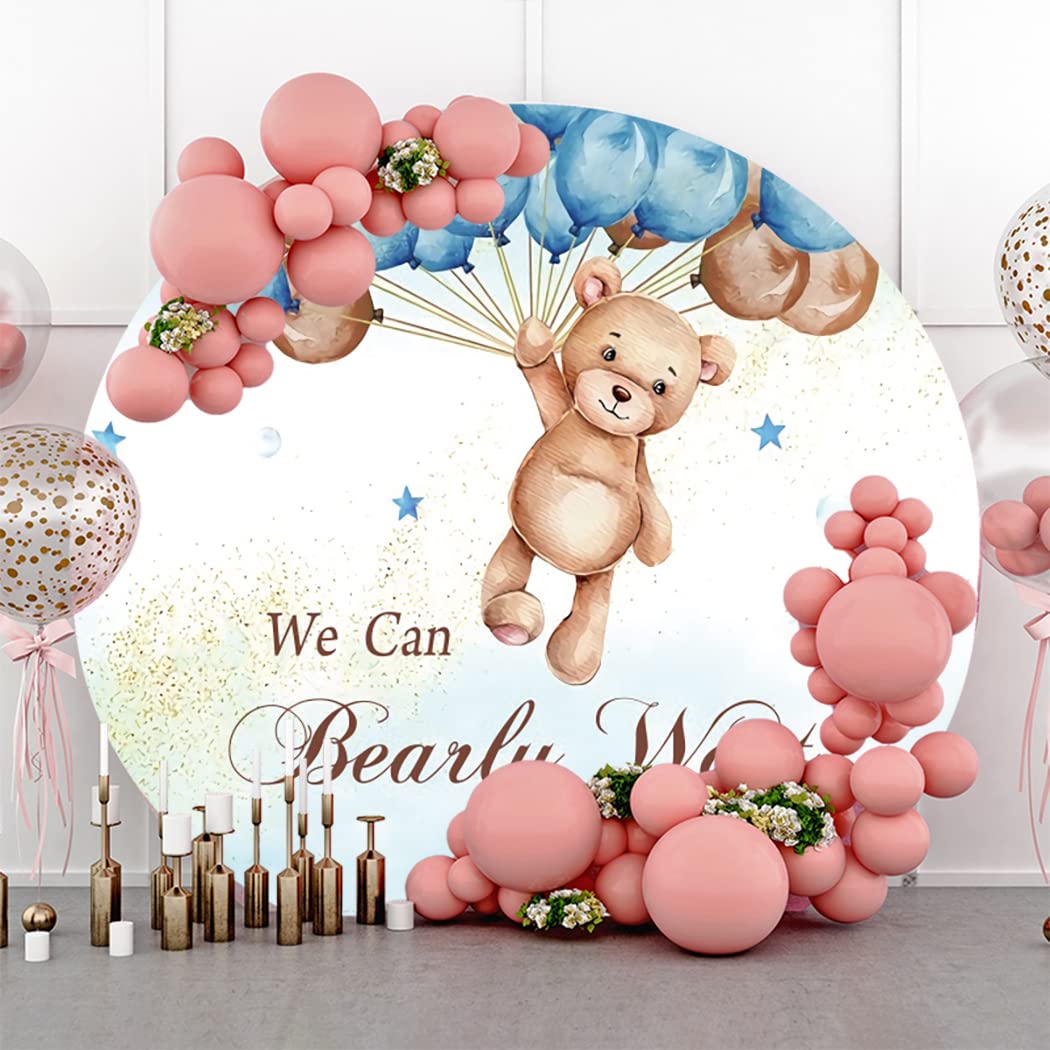 AOFOTO 7.2x7.2ft Bear Boy Baby Shower Round Backdrop Cover We Can Bearly Wait to Meet You Flying Teddy Blue Brown Balloons Gold Glitter Photography Background for Kids Newborn Party Decor