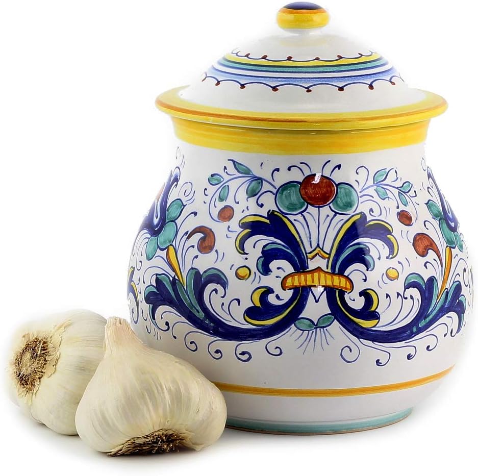 Garlic Onion Jar Keeper (Large) [9526-RIC] - Authentic hand painted in Deruta, Italy. Original design. Shipped from the USA with Certificate of Authenticity.
