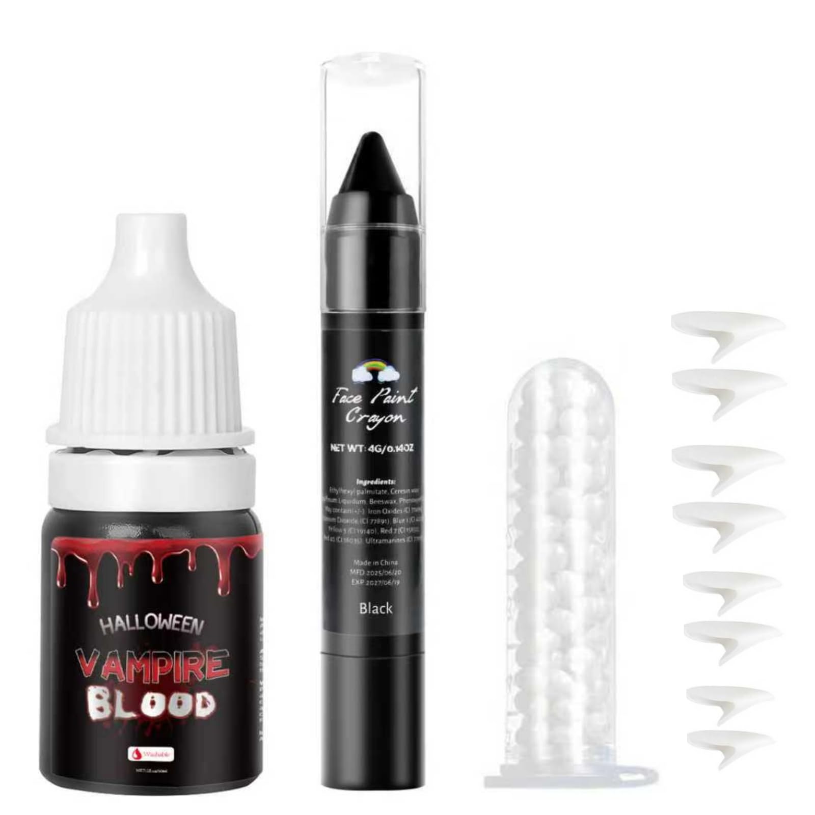 Vampire Fangs Kit with Black Lipstick & Fake Blood - 4 Pairs 4 Sizes SFX Fake Teeth, Vampire Blood & Goth Lipstick for Halloween Cosplay Makeup & Vampire Costume Accessories Vampire Makeup Kit