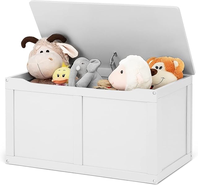 COSTWAY Kids Toy Storage Box, Wooden Children Toys Chest Organizer Cabinet Bench with Flip-Top Lid and Safety Hinge for Playroom Bedroom (White)