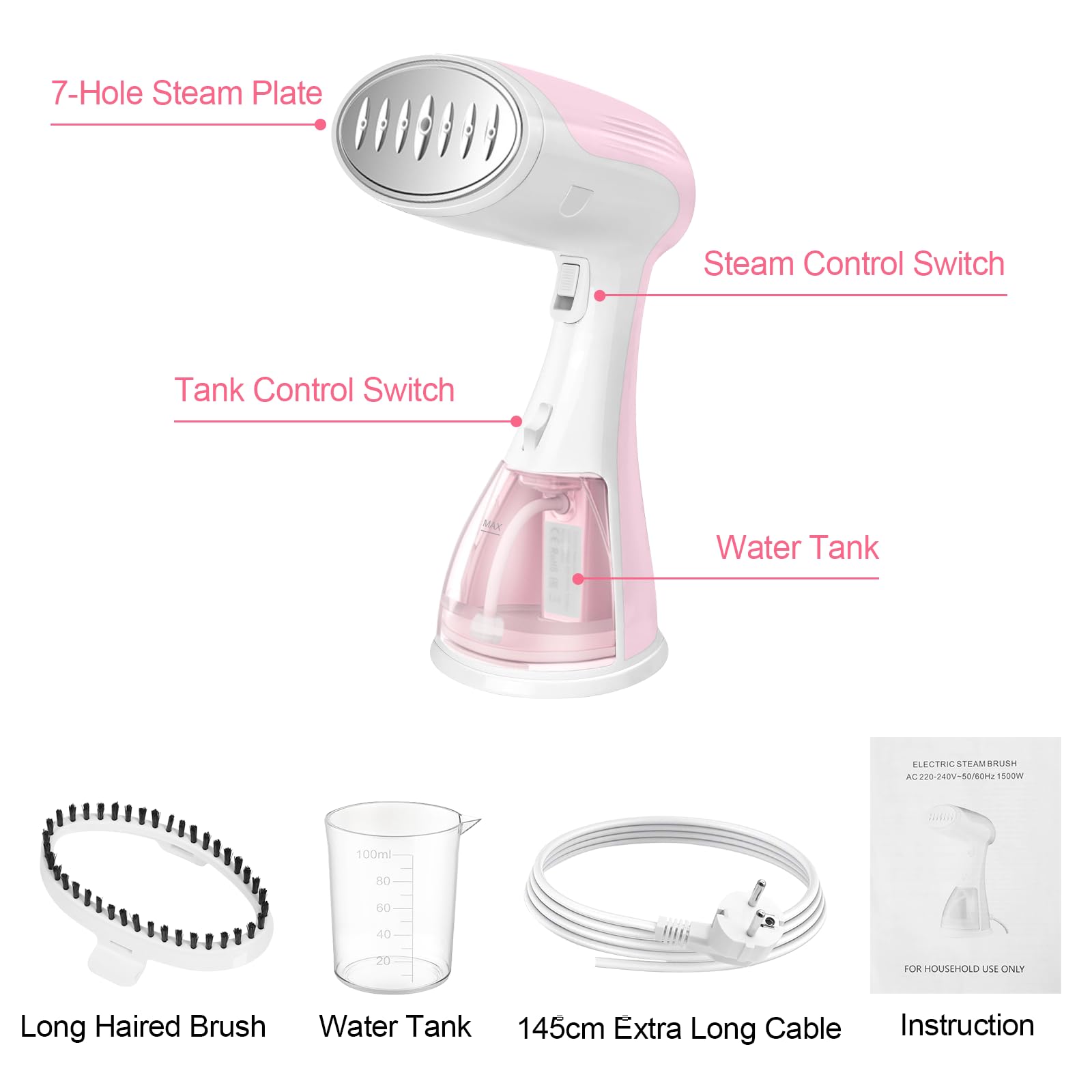 mini fer à repasser, mini fer à vapeur, cuiseur vapeur portable, (chauffage rapide 15s, réservoir d'eau 300ml, 1500W), fer a repasser suspendu compact pour la maison - Rose