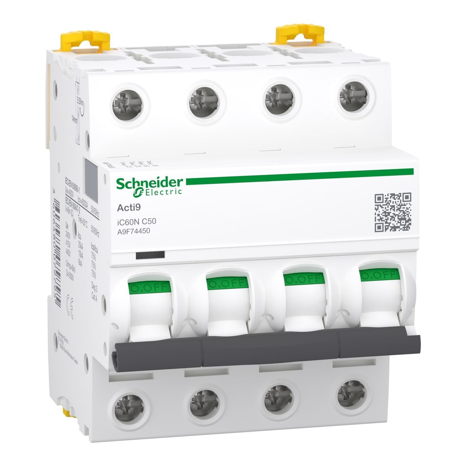 Schneider Electric a9 °F74450 IC60 N disjoncteur, acti9, courbure C, 4P, 85 mm Hauteur X 72 mm largeur X 78.5 mm profondeur, 50 A Courant, 50/60 HZ, Blanc
