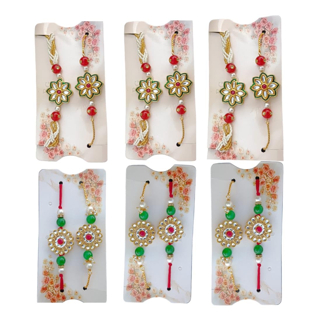 Sweksha Creations Kundan Rakhi Bhaiya and Bhabhi Rakhi Combo| Rakhi for Brother | Rakhi Set Big Kundan Rakhi With Adjustable Bracelet Couple Rakhi floral design Pair Rakhi (6 pair)-image-31