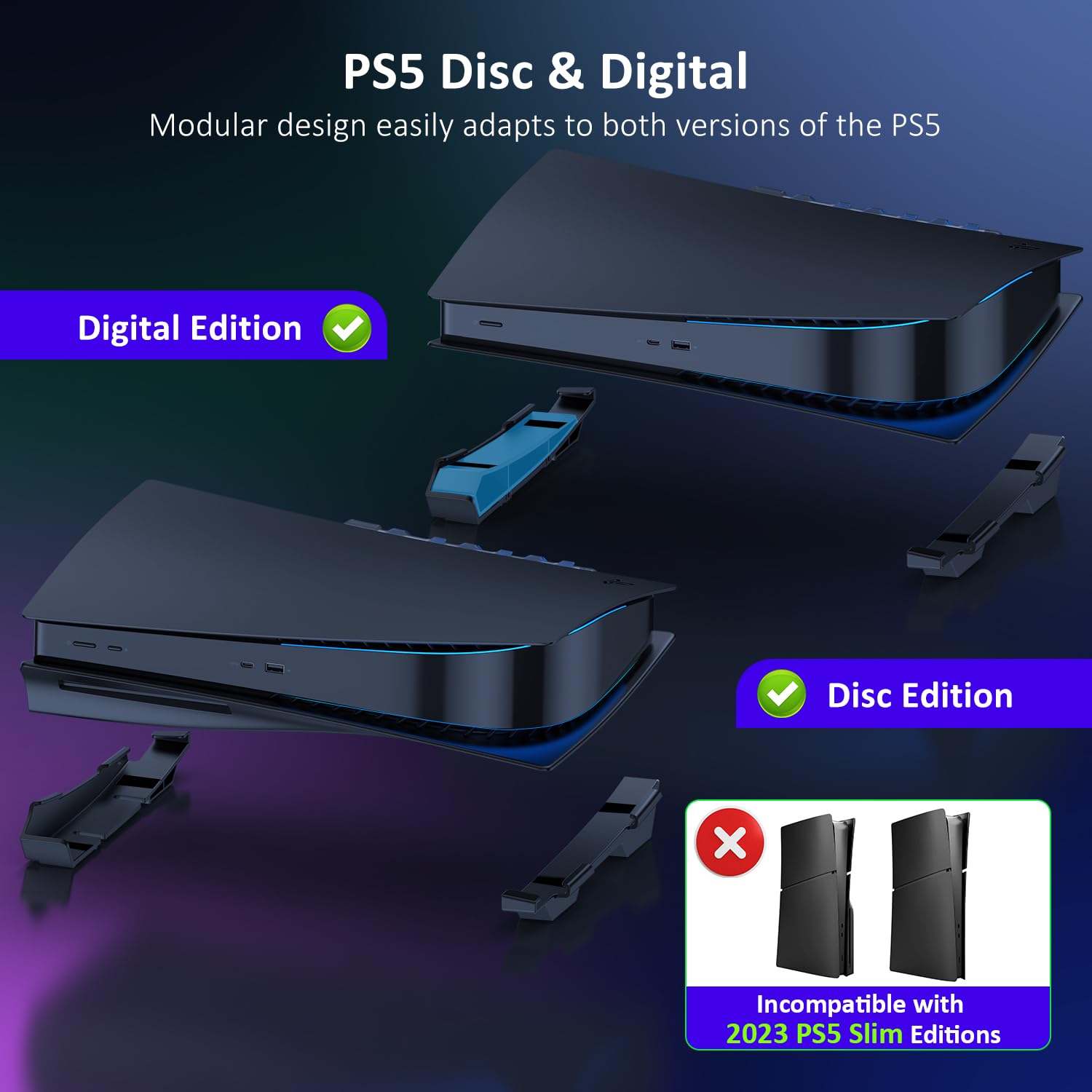NexiGo PS5 Horizontal Stand with Charging Station for PS5 and Edge Controllers, Silent Cooling Fan with Adjustable Speed, [Auto Power On/Off], Compatible with PS5 Disc & Digital Editions, Black