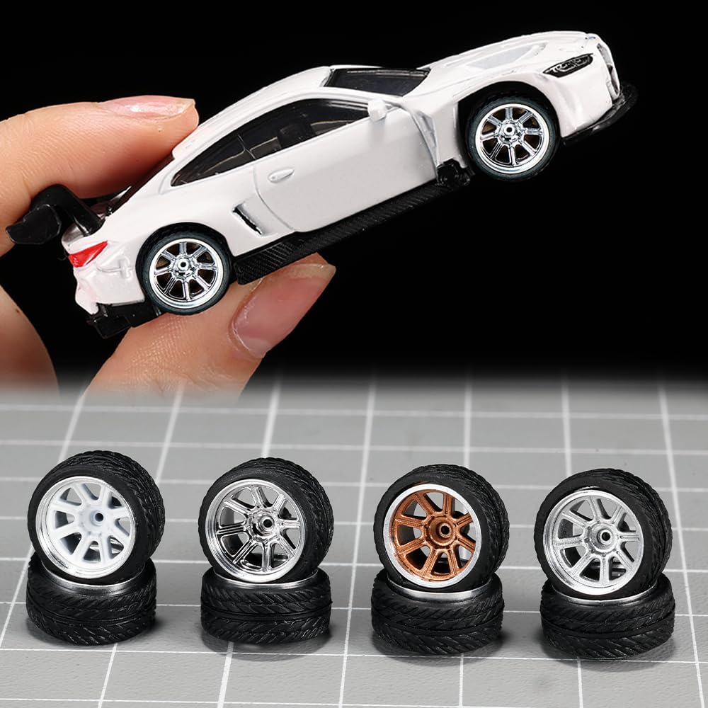WAVEIST 1/64 Wheels and Tires,Real Riders Series,Upgrade Mainline Diecast Model Cars,Diameter is 0.43in, 4 Sets/pack,Eight-axis Spokes,ABS Wheels with