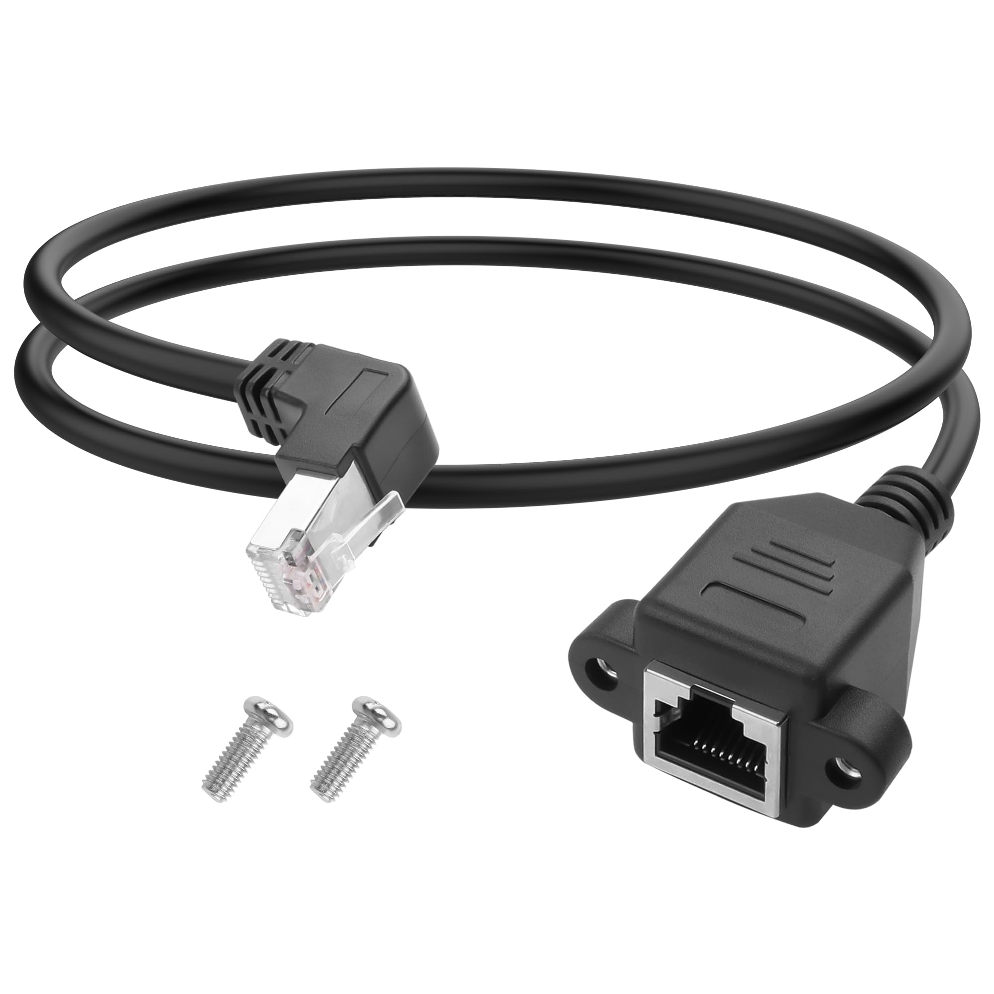 YACSEJAO 90 Degree Cat5e Ethernet Extension Cable 2FT/0.6M RJ45 Male to Female Shielded Ethernet Network Patch Cable with Panel Mounting Holes (Down Angle)