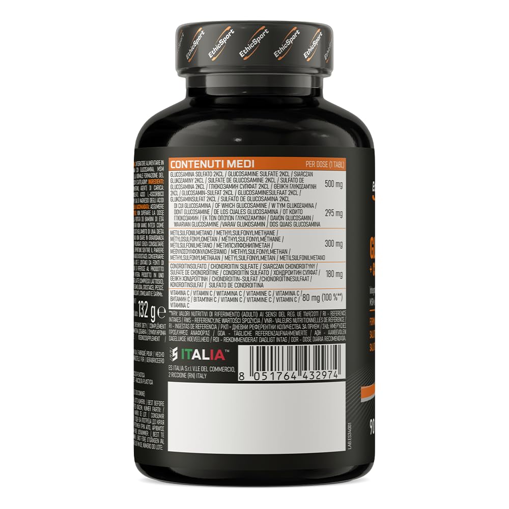Glucosamina + Condroitina + MSM EthicSport – Integratore articolazioni con Vitamina C 100% NRV per collagene, cartilagini e ossa – 90 compresse – Gluten free, doping free tested*