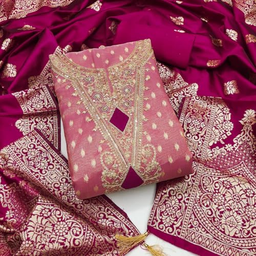 Image of Sidhidata Women's Shimmer Zari Butty With Multi Sequence Embroidered Unstitched Dress Material With Banarasi Silk Dupatta (DM Shimmer Free Size)