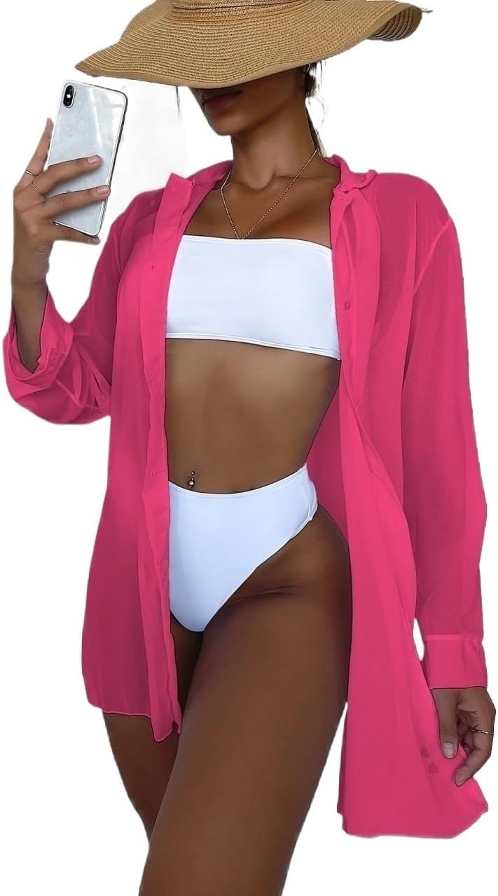 Womens Summer Beach Cutout Button Front Kimono cover ups for swimwear