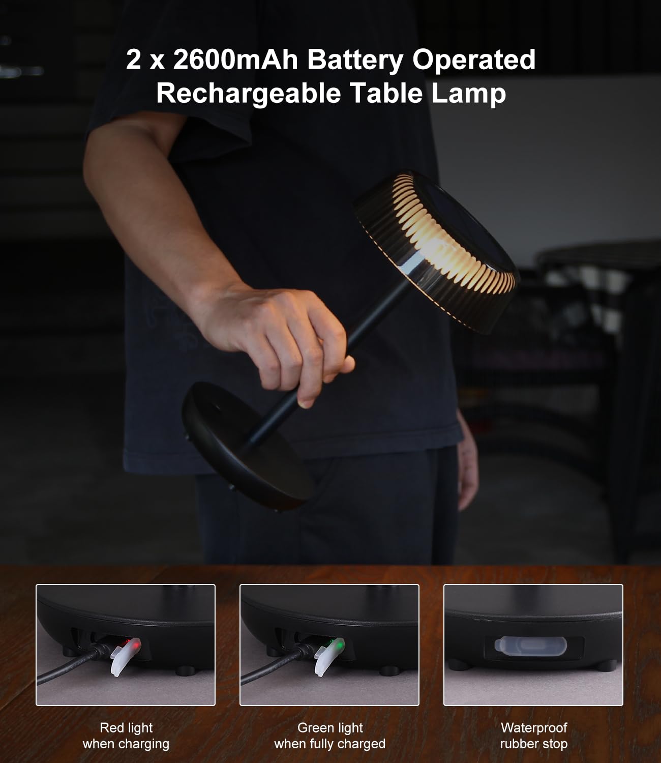 DAWALIGHT Lámpara Mesa Solar Exterior con USB Cargable - 3W LED Blanca Cálida de 3000K, IP54 Resistente al Agua, Control Táctil (Encendido/Apagado + Dim) - Ideal para Jardín, Balcón, Terraza - Negro