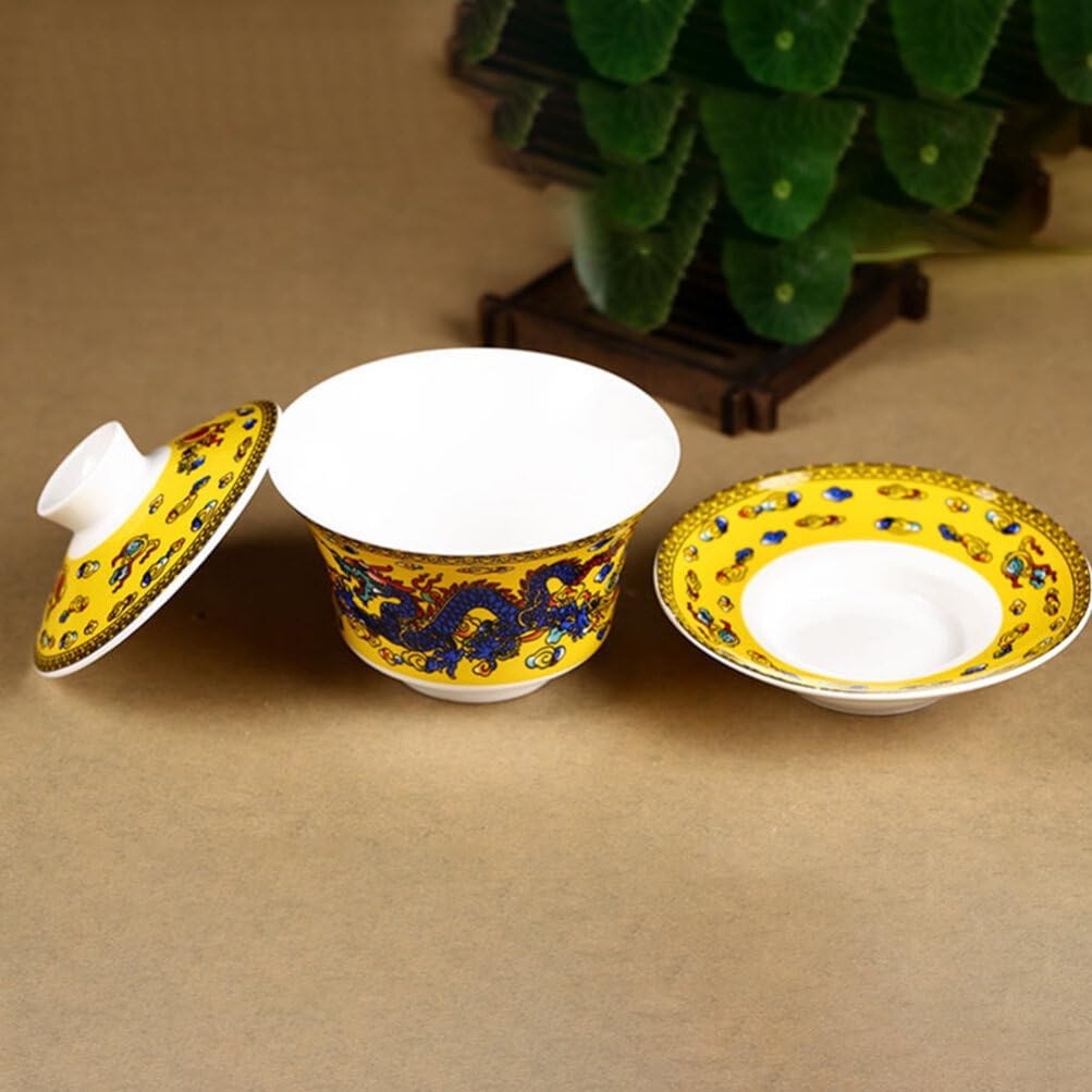 Retro Style Ceramic Chinese Tea Cup with Lid - Elegant Yellow Tureen Teacup for Home, Office, Tearoom - Perfect Gift for Tea Lovers